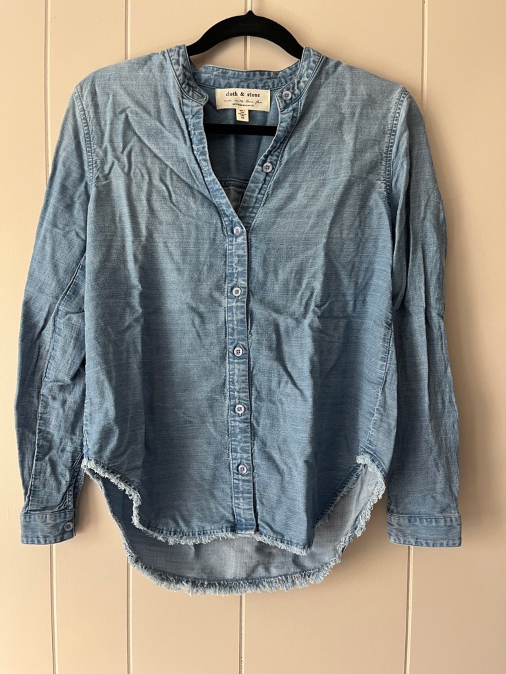 cloth & stone Washed Denim Fringe-Hem Button Shirt - Light Blue